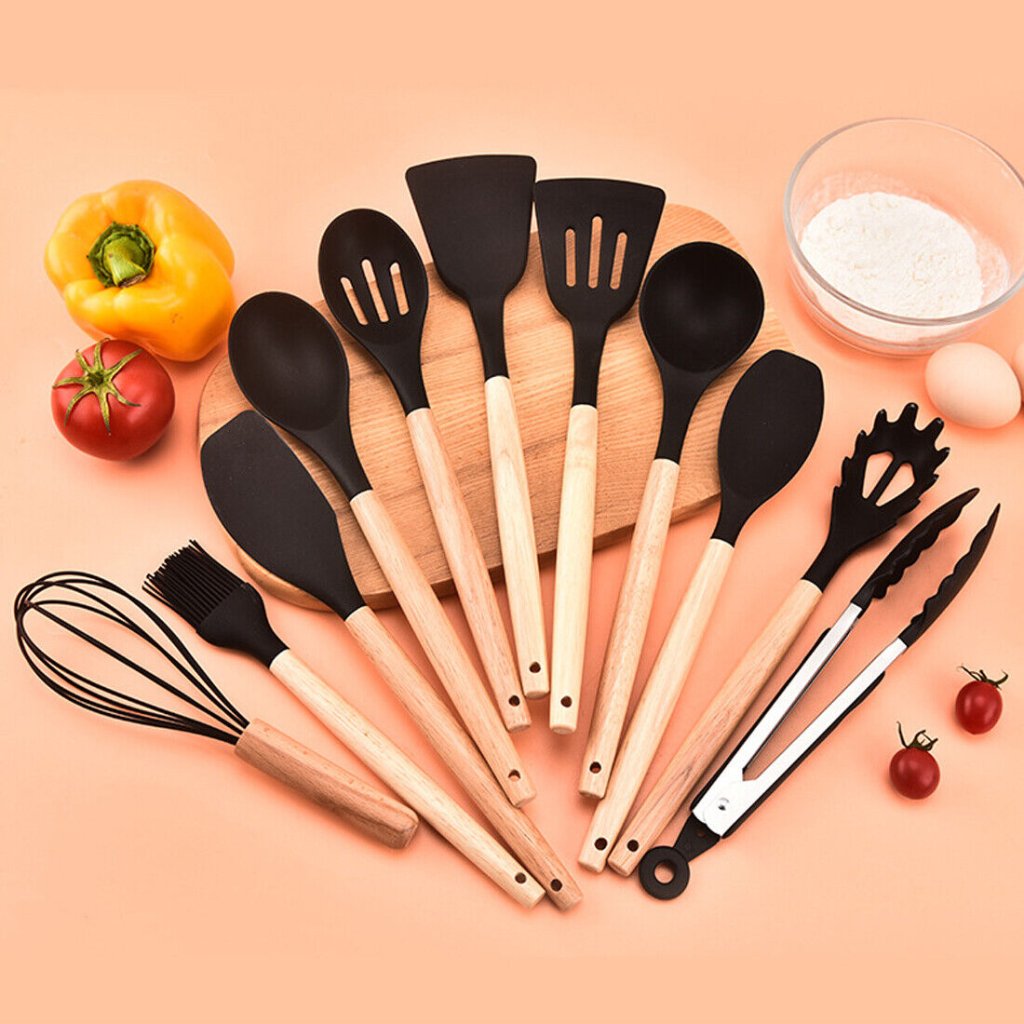 12 Piece Silicone Kitchen Utensil Set — Non - Stick, Wooden Handles - The Kit List