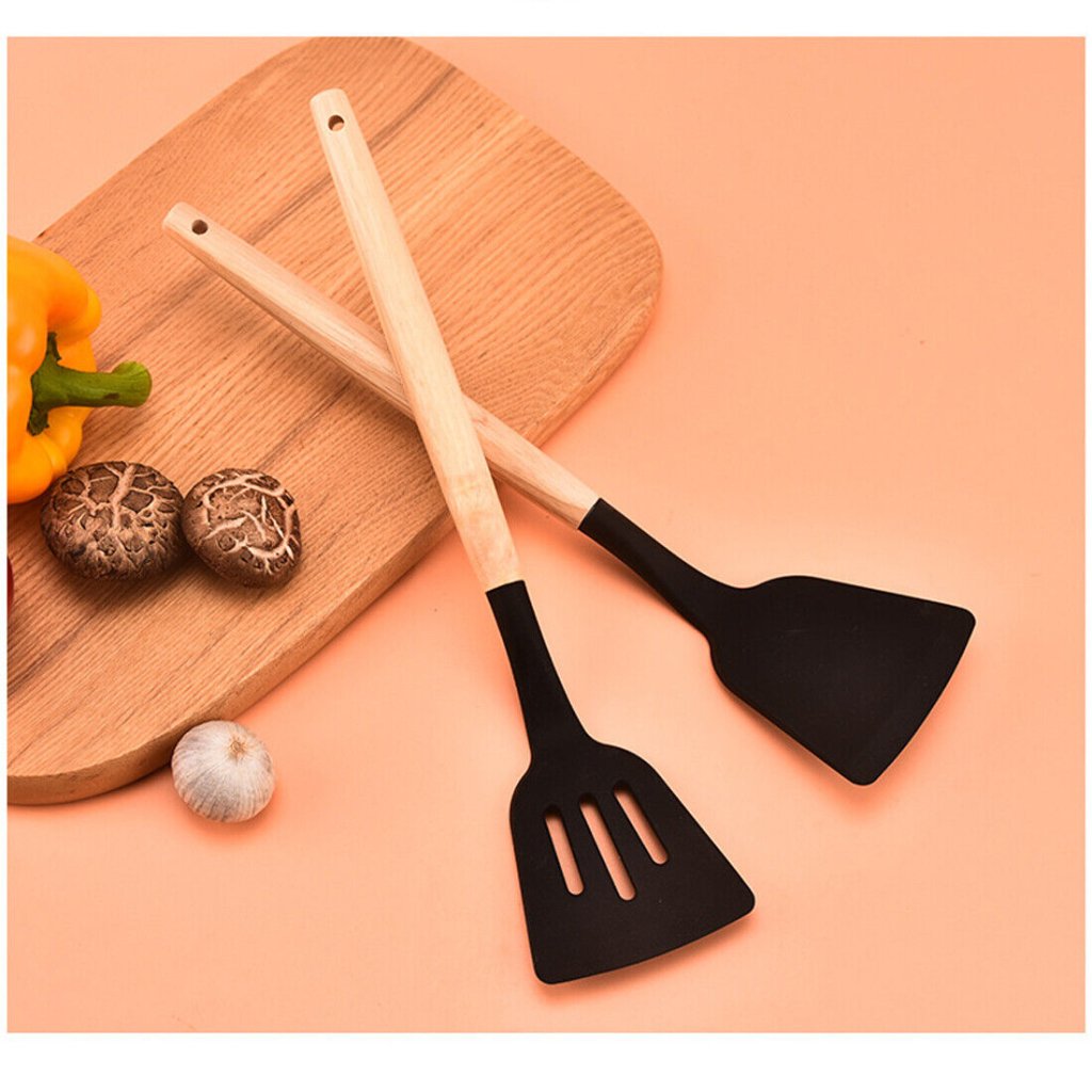 12 Piece Silicone Kitchen Utensil Set — Non - Stick, Wooden Handles - The Kit List